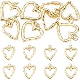 FASHEWELRY 8Pcs 18K Gold Plated Heart Charms Golden Brass Heart Pendants Hollow Dangle Bezel Charms for Valentine's Day DIY Earring Necklace Bracelet Jewelry Making