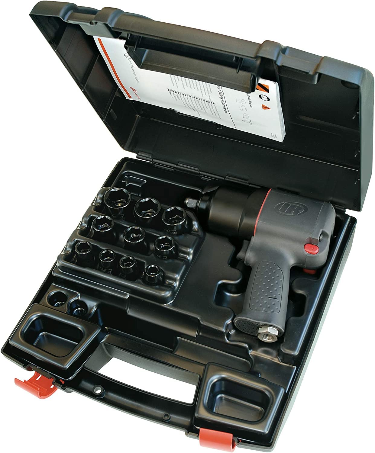 Ingersoll-Rand 2130XP-K Air Impact Wrench 1/2 Inch Set with 10 sockets, 816 Nm Torque, Composite Housing with Ultimate Power and Durability in Black