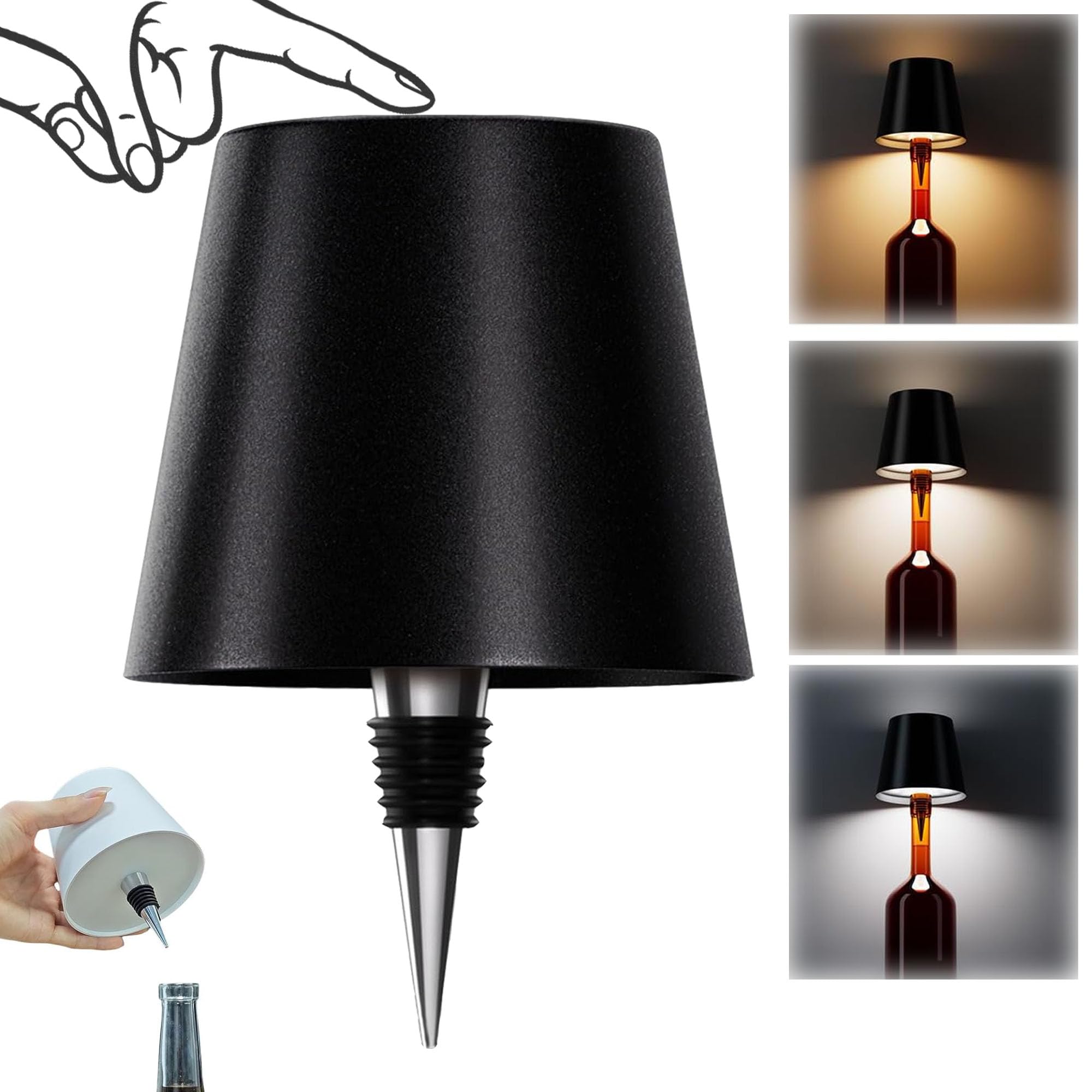 AIMARS Wireless Bottle Lamp, 3 Color Stepless Dimming Wine Bottle Lamp, LED Rechargeable Touch Control Wireless Bottle Lampshade for Bedroom, Restaurant, Bar (Black, 1-Pack)