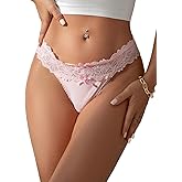 sunshinelady Lace Bow Panties Low Waist Floral Ribbon Brief Sexy Underwear for Women Soft Ice Silk Thong