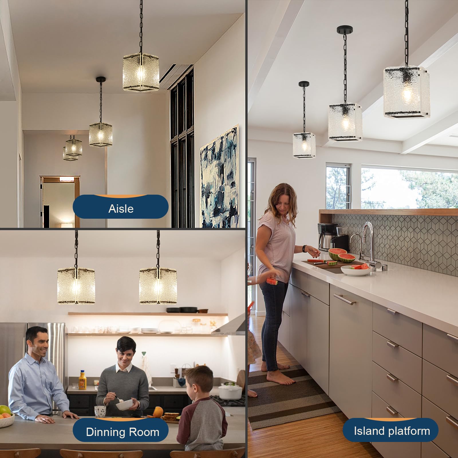 Bicrink Black Crystal Pendant Light for Kitchen Island Lights- Exquisite Elegant Chandelier with Water Ripple Glass - Height Adjustable - Dimmable - Great for Dining Room and Hallway., MT60026