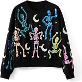 KOSUSANILL Sequin Halloween Sweatshirt for Women Sparkly Dancing Skeleton Spooky Season Ghost Crewnecks Halloween Pullover