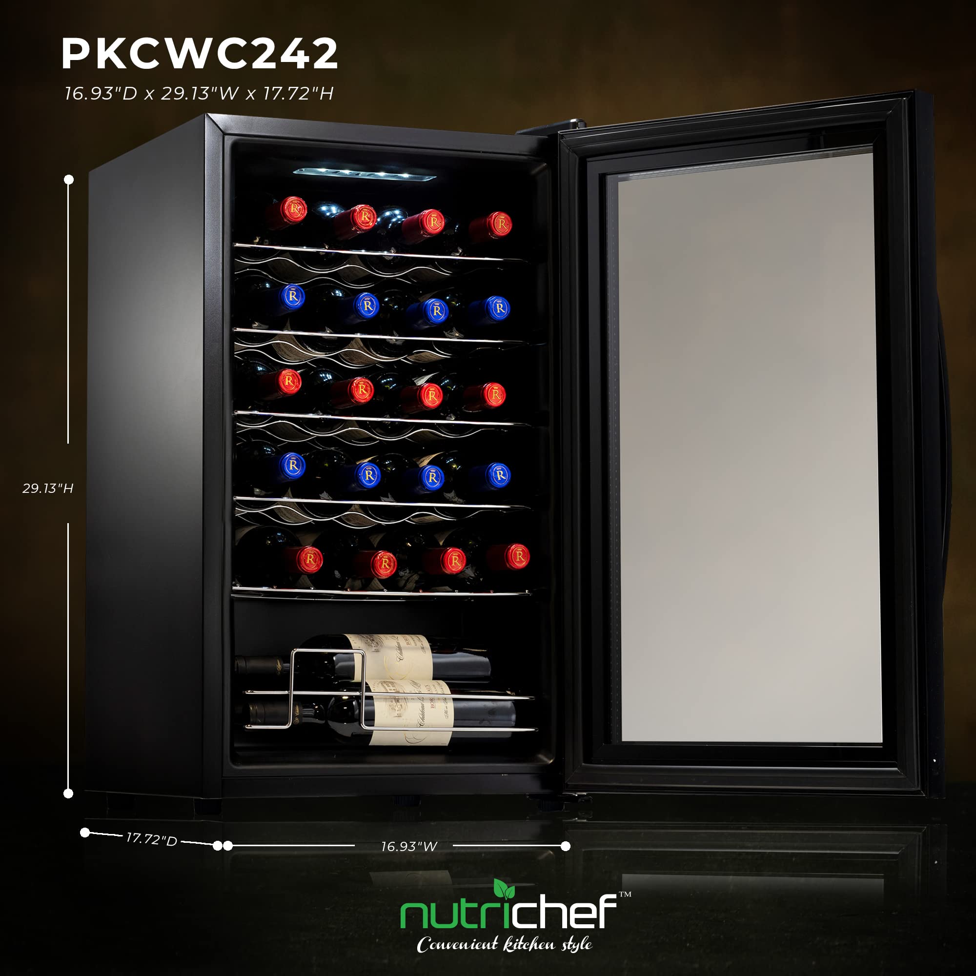 Nutrichef 24 Bottle Wine Fridge | Single Zone Wine Chiller | Adjustable Temperature Control 41°F to 64°F | Ultra Quiet Operation | Wine Cooler For Home & Office | Free Standing 29x16x17 IN