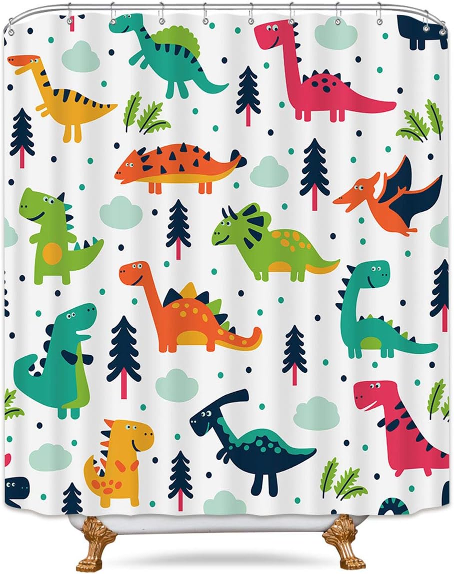 Riyidecor Dinosaurs Shower Curtain Colorful 72x84 Inch Dino Cartoon Kids Jurassic Elasmosaurs Decor Fabric Bathroom Set Polyester Waterproof 12-Pack Plastic Shower Hooks