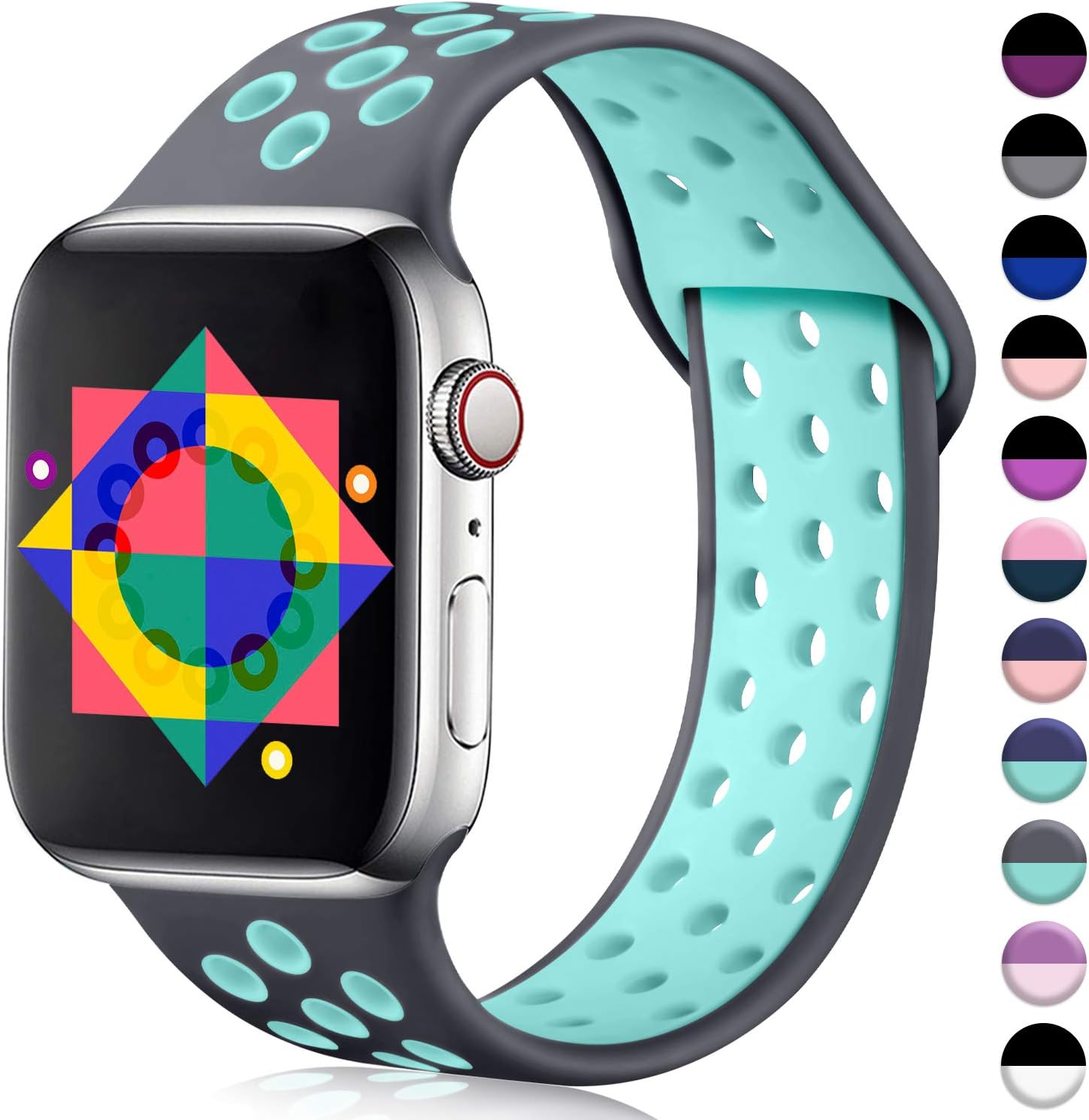 ilopee Sweat-Proof Sport Band Compatible with Apple Watch 42mm 44mm Series 5 4 3 2 1, Gray/Teal, S/M