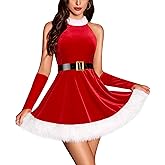 RSLOVE Christmas Costumes for Women - Velvet Halter Neck Santa Dress 4PCS Holiday Outfits with Belt Long Gloves
