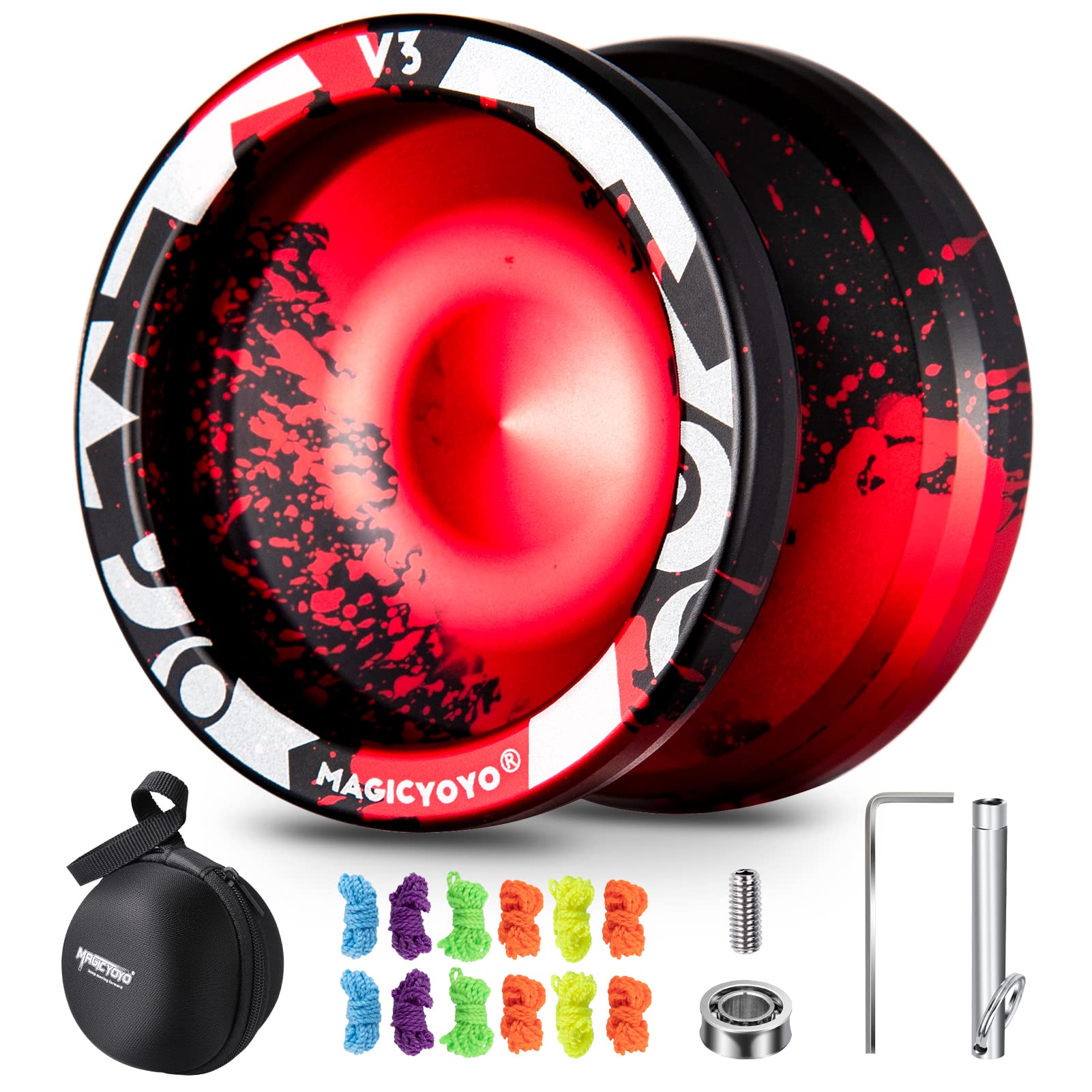 MAGICYOYO V3 Responsive Yoyo for Kids Beginners, Professional Dual Purpose YoYo, Metal Alloy Yo Yo with Unresponsive Yoyo Bearing + 12 Strings+ Removal Tool + Long Axle + Yo-yo Bag (Black Red)