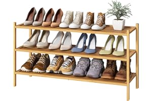 kiplant Long Shoe Rack, Bamboo Wood 3-Tier Shoe Rack for Entryway, Stackable | Foldable | Natural, Shoe Organizer for Hallway Closet, Free Standing Shoe Racks for Indoor Outdoor