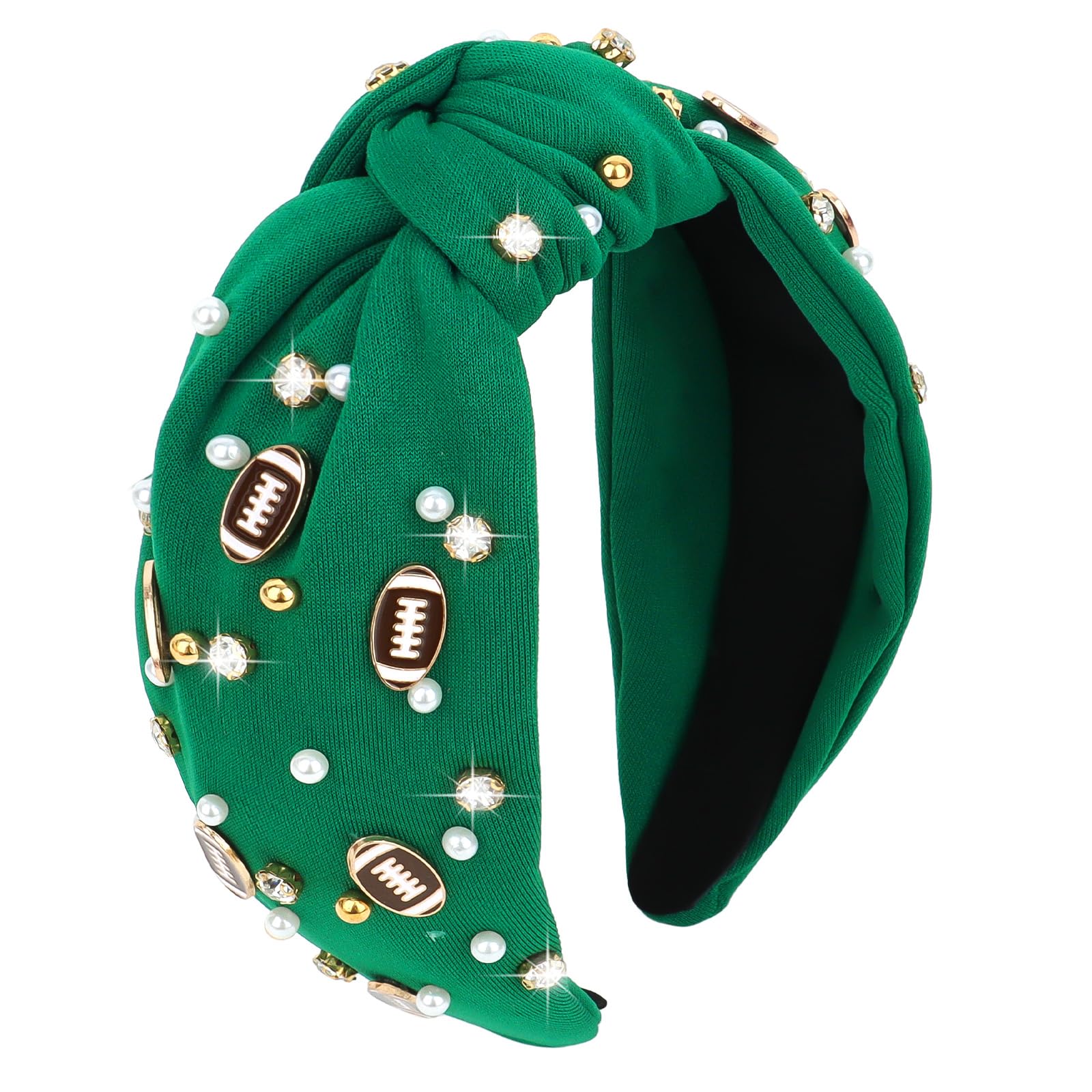 Photo 1 of YARIEW Football Headband for Women Pearl Rhinestone Jeweled Knotted Headband Fashion Headband Wide Game Day Sports Hair Accessories Gift for Football Mom Fans Christmas (Green)