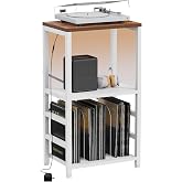 YAKANJ End Table with LED Light, Record Player Stand with Albums Storage | 3-tier Vinyl Records Storage,Turntable Stand Side Table for Music Room Studio Living Room Bedroom, White