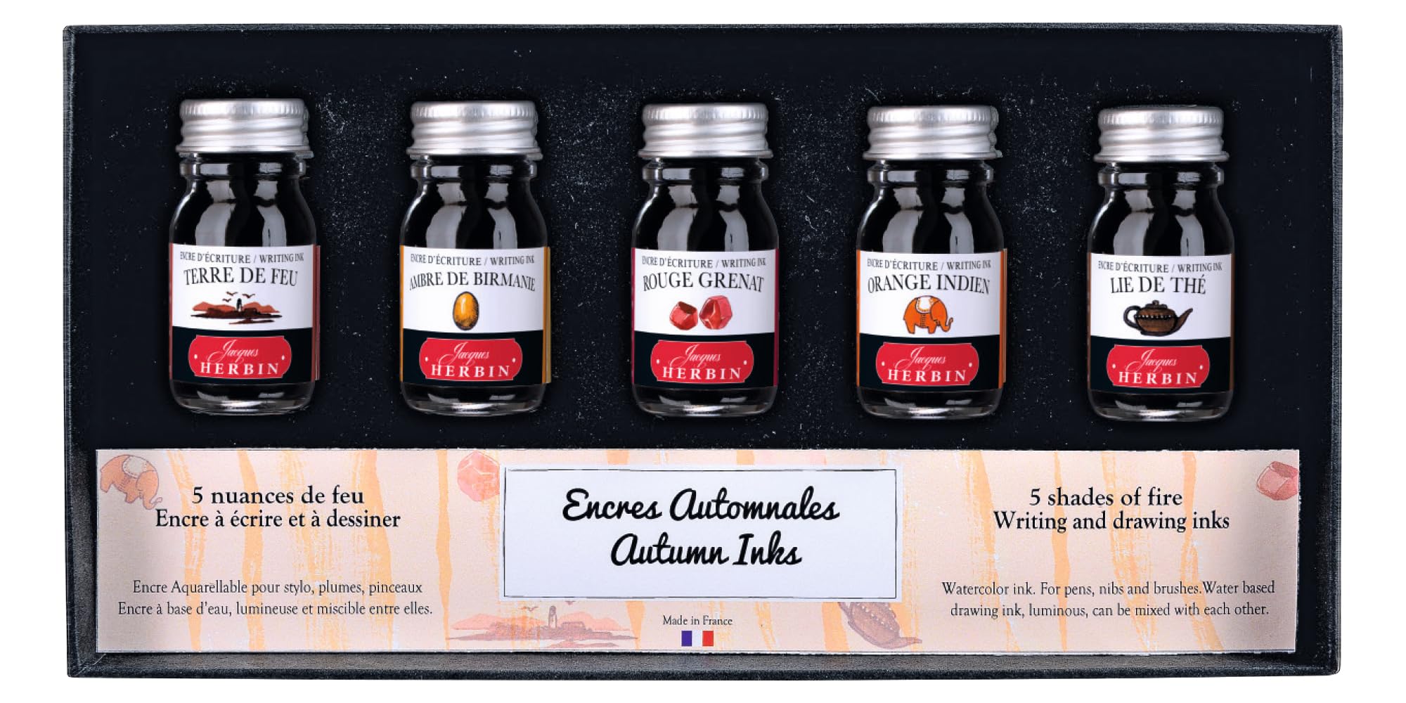 Jacques Herbin 18503T - Set of 5 bottles of 10 ml ink for fountain pens and rollerball pens, assorted autumn Colours. Made in France - Drawing - Writing
