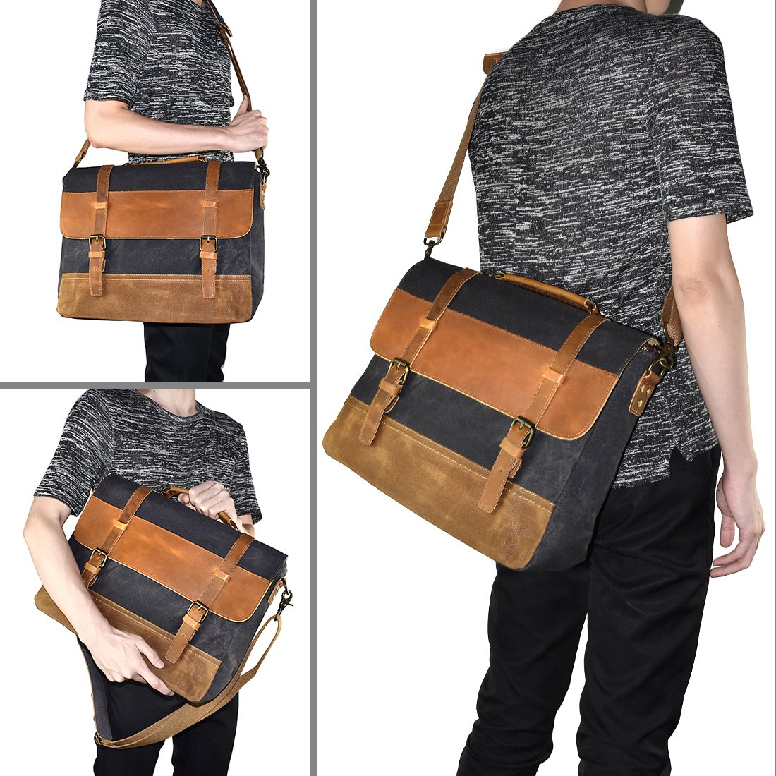 NEWHEY Mens Messenger Bag Waterproof Canvas Leather Computer Laptop Bag 15.6 Inch