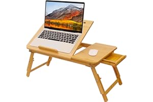 Laptop Lap Desk, COIWAI Laptop Bed Tray Table, Bamboo Adjustable Angle and Height, with Tablet Phone Hold Slot, Drawer, Foldable Portable Stand for Bed Sofa Couch for Eating Breakfast