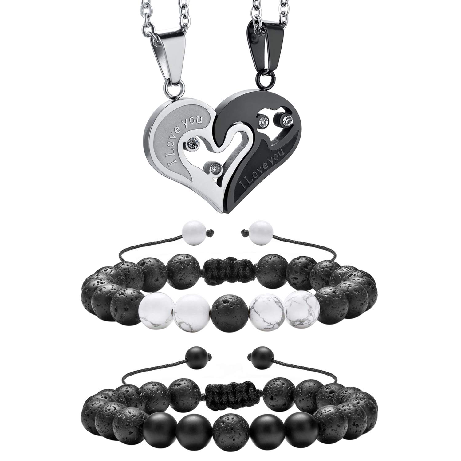 Cupimatch 2 Pairs Couple Matching Necklace Bracelets, Adjustable Stainless Steel I Love You Heart Puzzle Necklace His and Hers Lava Rock Beads Essential Oil Diffuser Bracelet