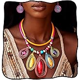 Fstrend Chunky Statement Necklace and Spiral Earrings Set for Women, Boho Multi-Color Jewelry, African Choker