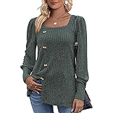 MYCOLORBLUE Womens Fall Tops Soft Square Neck Long Lantern Sleeve Deco Buttons Side Slit Sweater Tunic Shirt