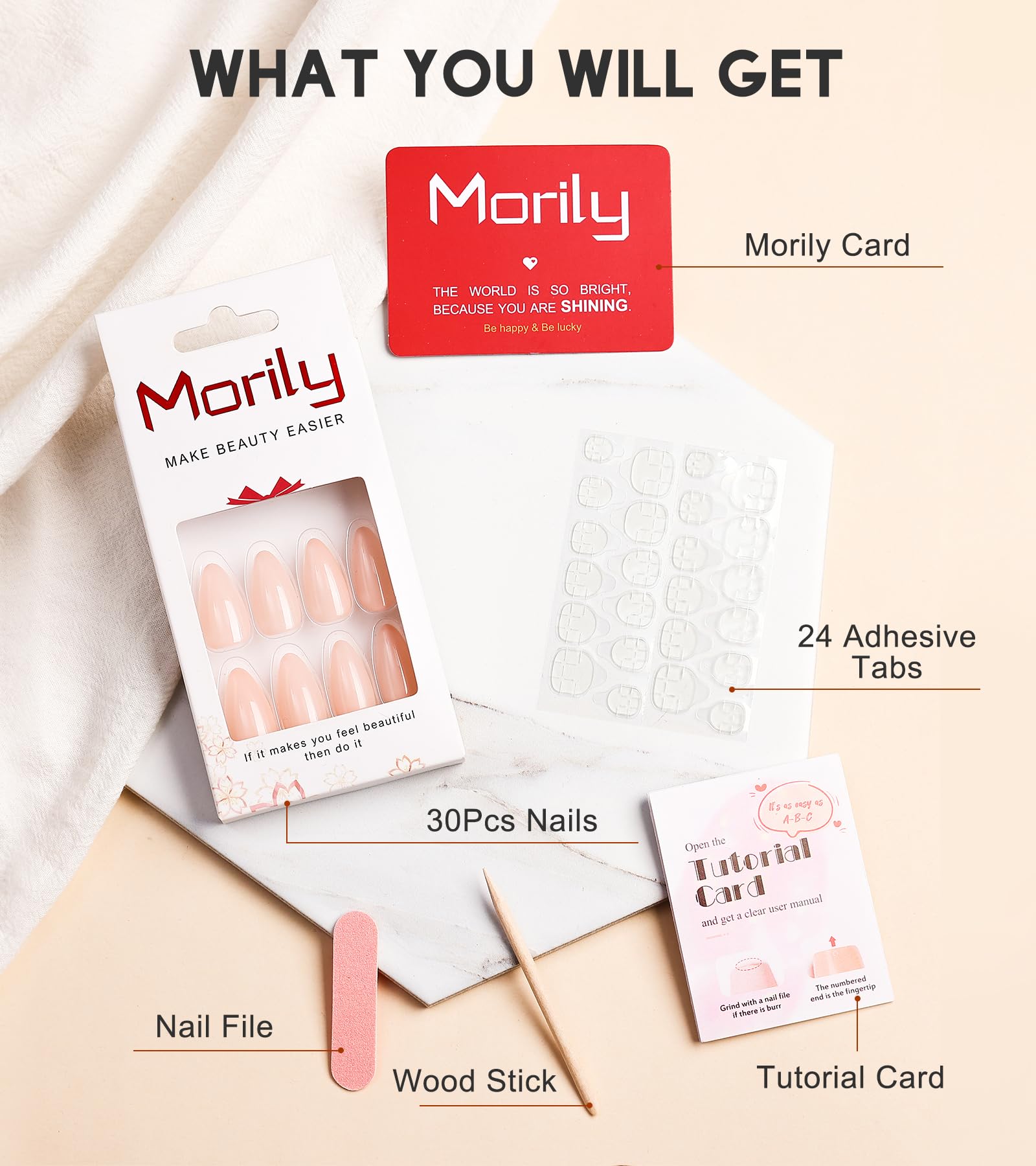 Morily Press on Nails Medium - Nude Almond Fake Nails Solid Color Pink Glossy False Fingernails in 15 Sizes, Long Stick on Nails for Women - 30Pcs - Image 2