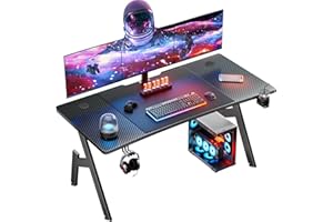 HLDIRECT 55 Inch Gaming Desk with Carbon Fibre Surface Large Computer Desk Gaming Table Ergonomic Pc Gaming Workstation Home Office Desks with Cup Holder & Headphone Hook