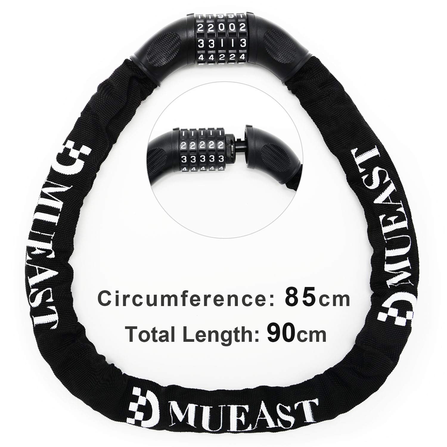 MUEAST Fahrradschloss, Zahlenschloss mit Stahlkettenglieder 7mm x 900mm Kettenschloss mit Zahlenkombination für Fahrrad und Motorrad, 860g (Black)