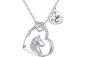 Rucher Unicorn Necklace for Girls Kids with Personalized Initial Heart Pendant, 18K Gold Fashion Jewelry for Girls, Colorful Heart Necklace for Birthday Gifts.