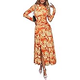 ECOWISH Long Sleeve Midi Formal Dress Women Fall Ruched Bodycon Party Cocktail Club Mesh Dresses Crewneck Floral Tie Dye Slit