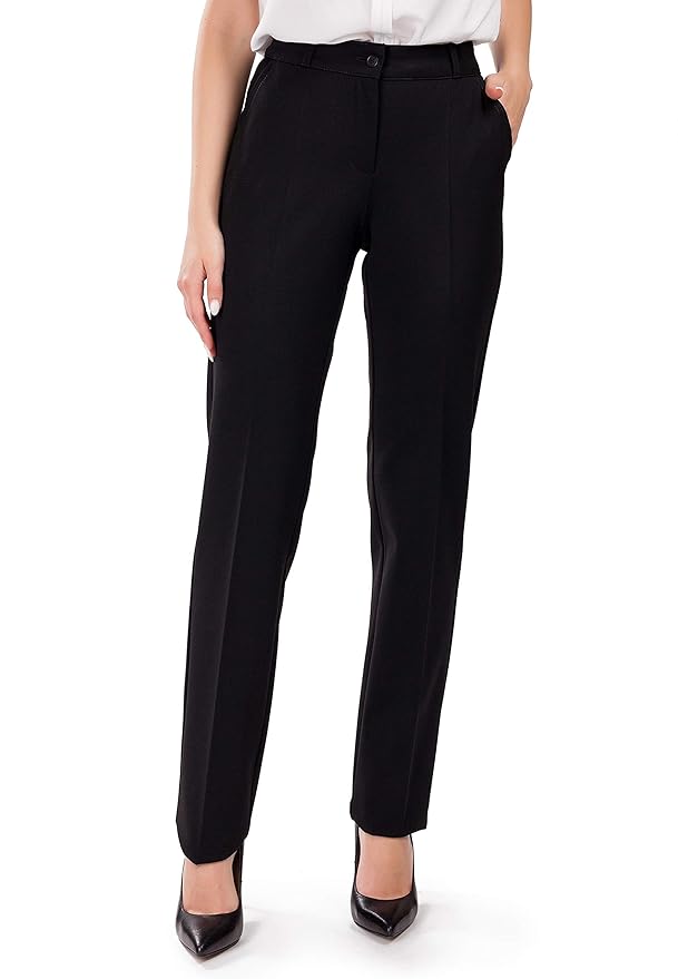 FEMME Schwarze gerade Damen-Hose für Herbst Frühling  klassischer Schnitt für Büro und Alltag Fester hochwertiger elastischer