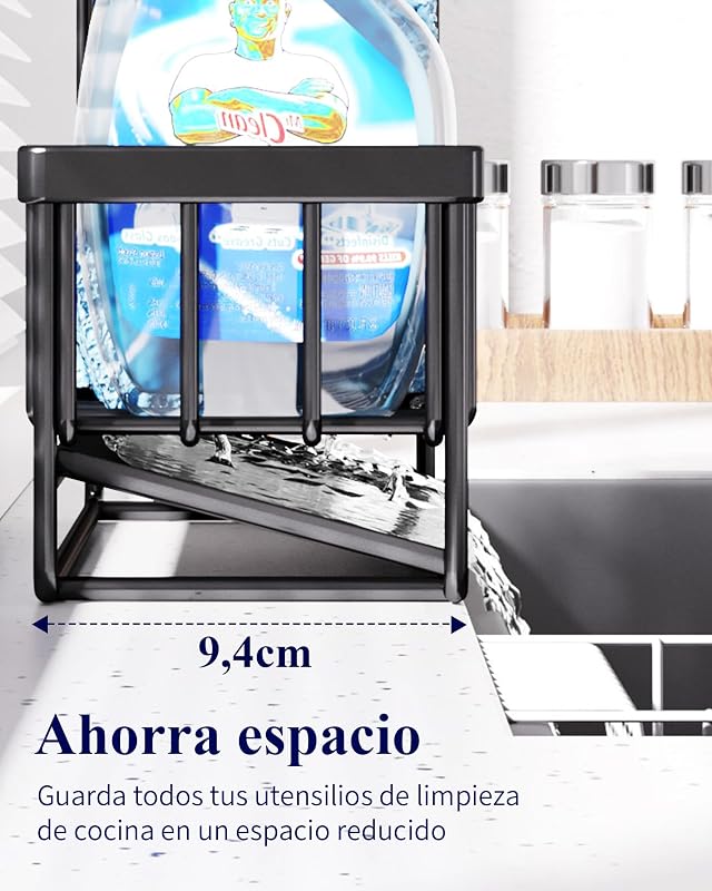 Organizador de Cozinha - Suporte para esfregar pias em aço inoxidável com ralo automático, organizador de pia com suporte para escovas para cozinha e casa de banho, 20 x 9,4 x 15,8 cm, preto