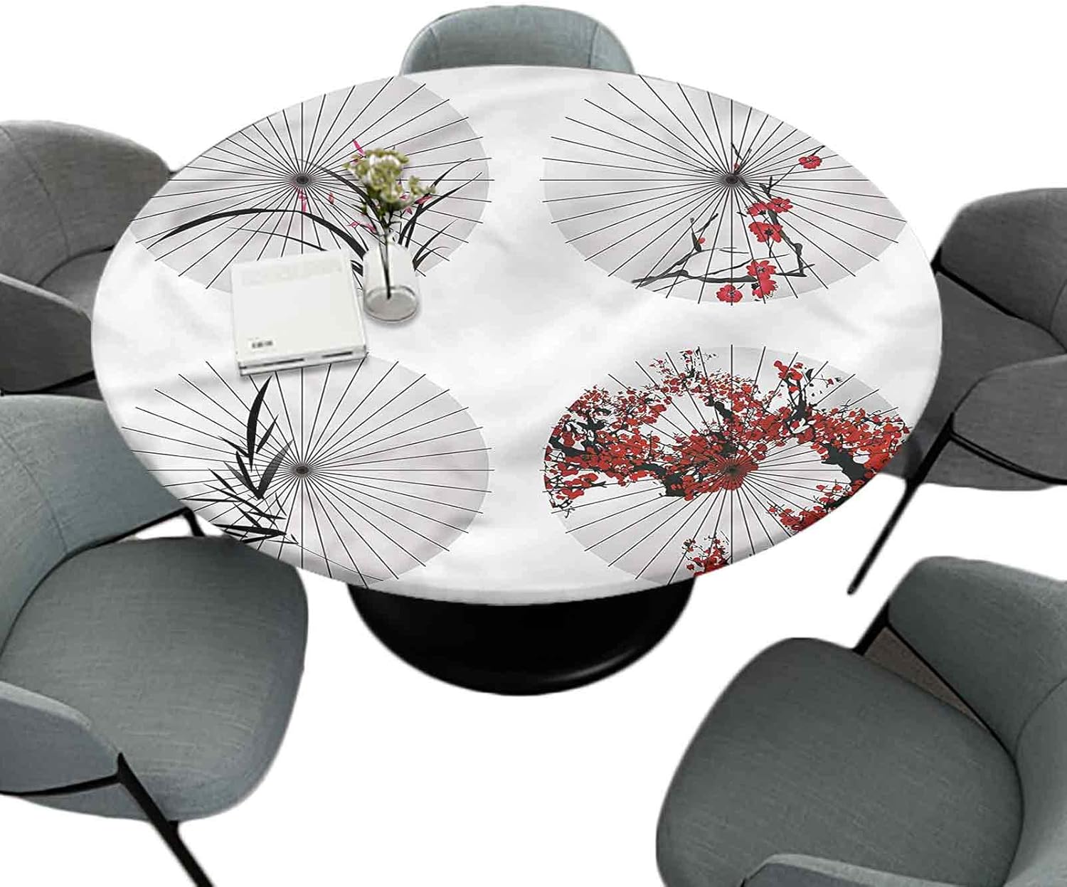 Elastic Edged Tablecloth, Floral Art on Umbrella , 60 Inch Round Table