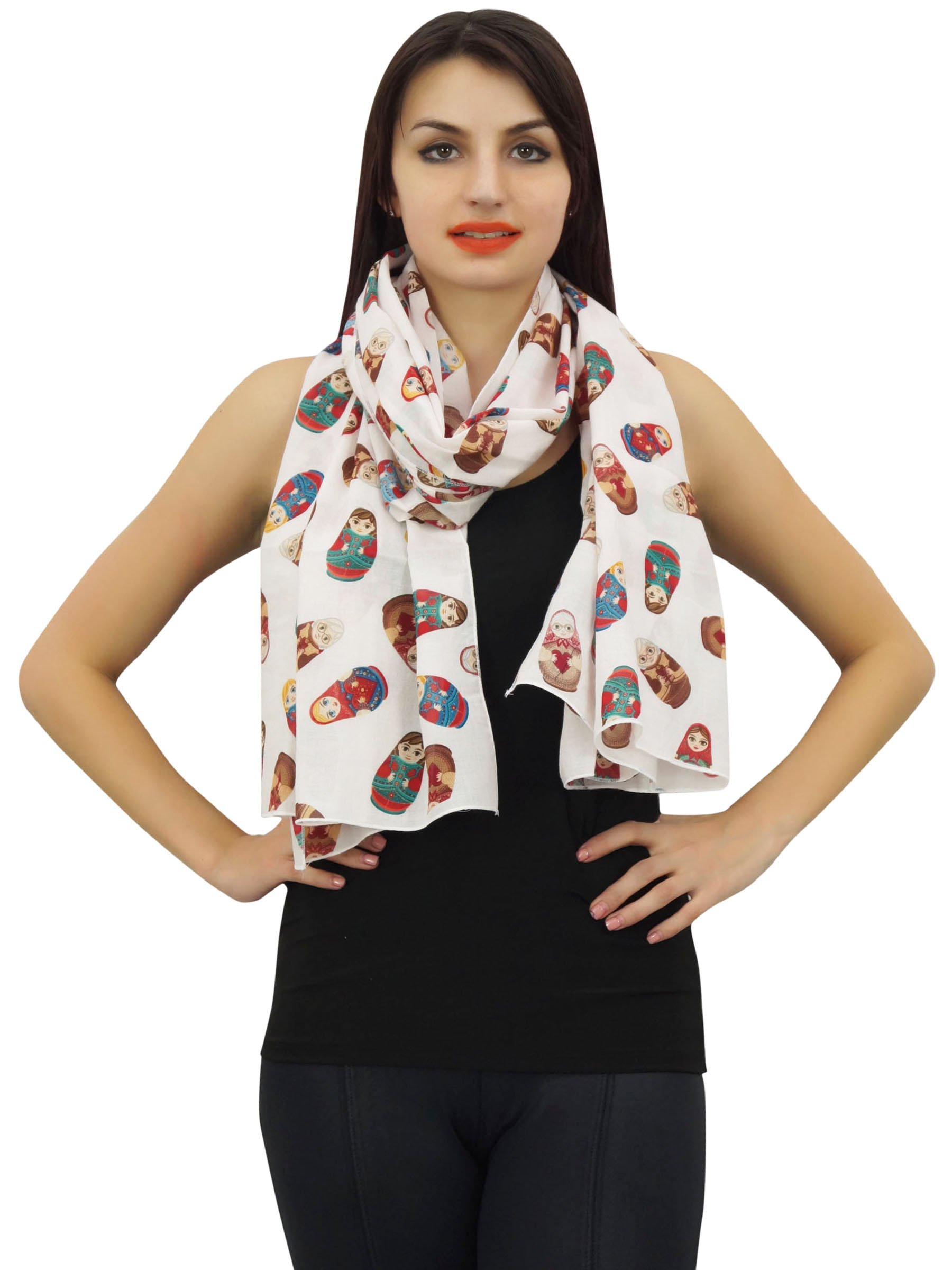 Phagun Women Off White Stole Russian Dall Print Long Stole Cotton Voile Scarf