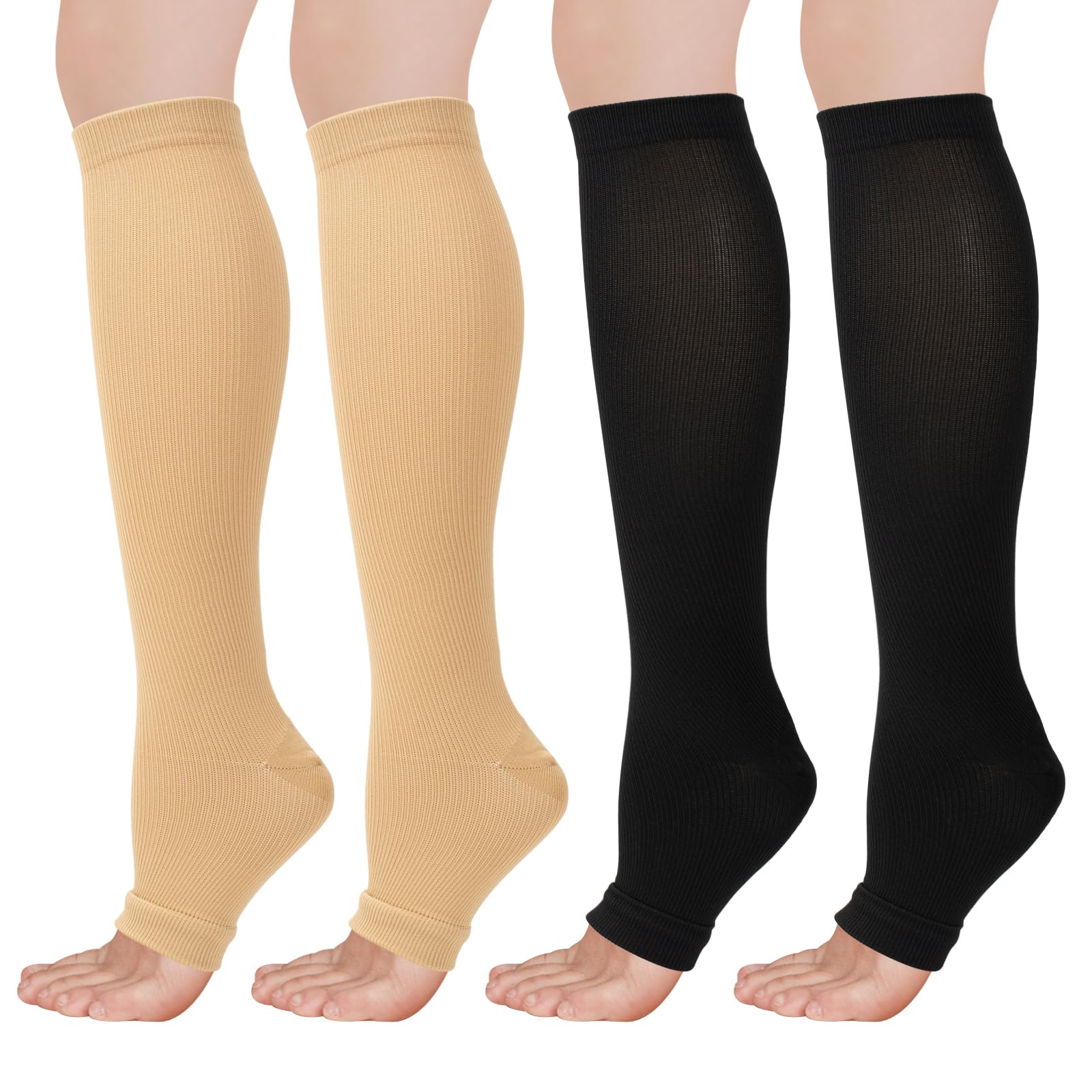 Flight Compression Socks for Women & Men, 2 Pairs Toeless Compression Stockings, Supports Socks Varicose Veins Socks for Maternity Pregnancy, Flying, Running Sports, Nurse (L/XL)