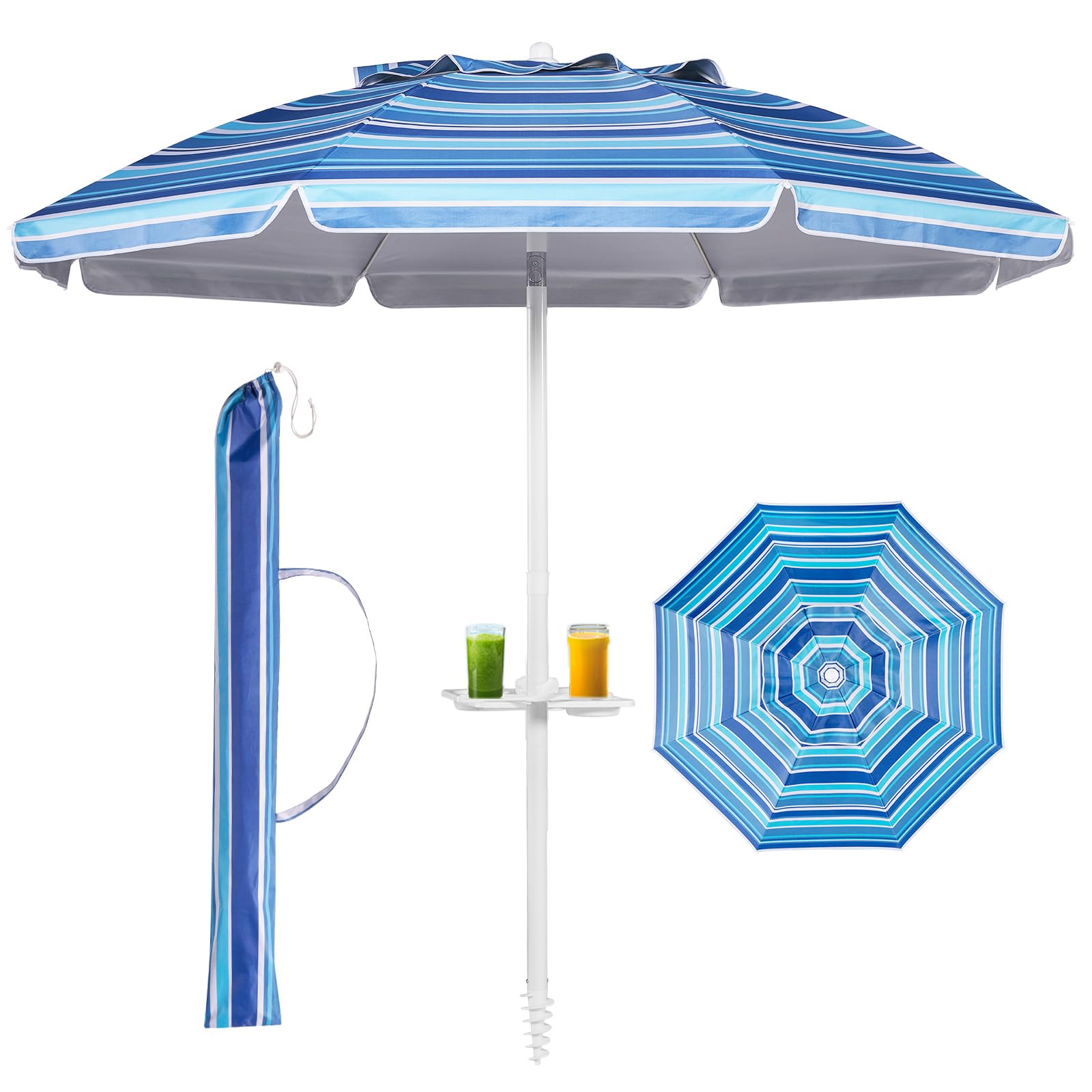 Photo 1 of Aoxun 8ft Beach Umbrella with Tray and Tilt Pole Portable Patio Umbrella with Sand Anchor and Carry Bag Outdoor UPF 50+ Sun Shelter with Air Vents Design (Navy Blue)