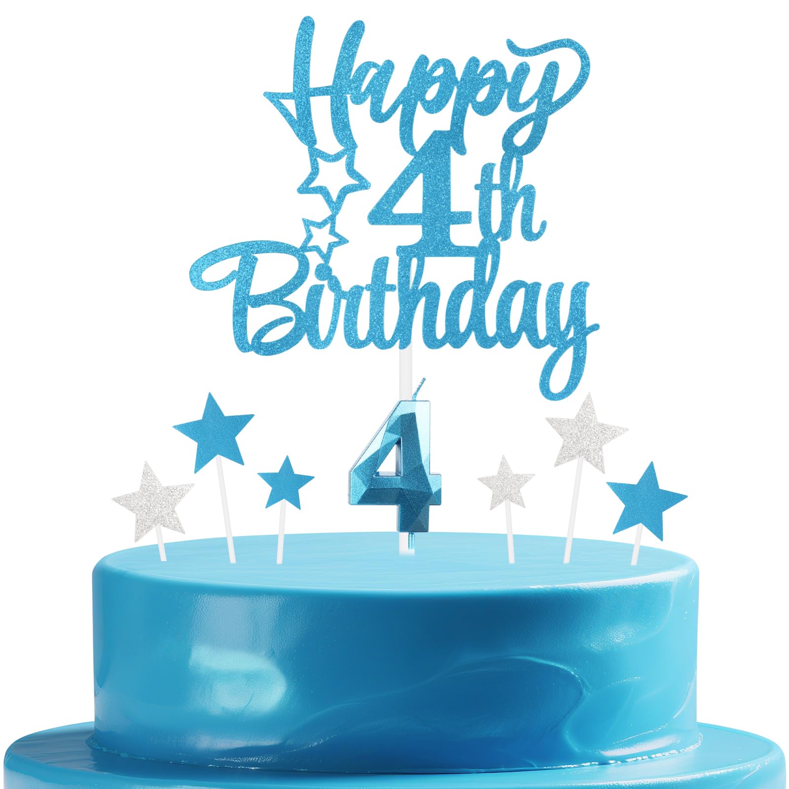 mciskin Blue 4th Birthday Candles Cake Toppers Set,3D Number 4 Candle for Cake,Light Blue Candles Silver Star Toppers for Girls Boys 4th Birthday Decorations Party Supplies