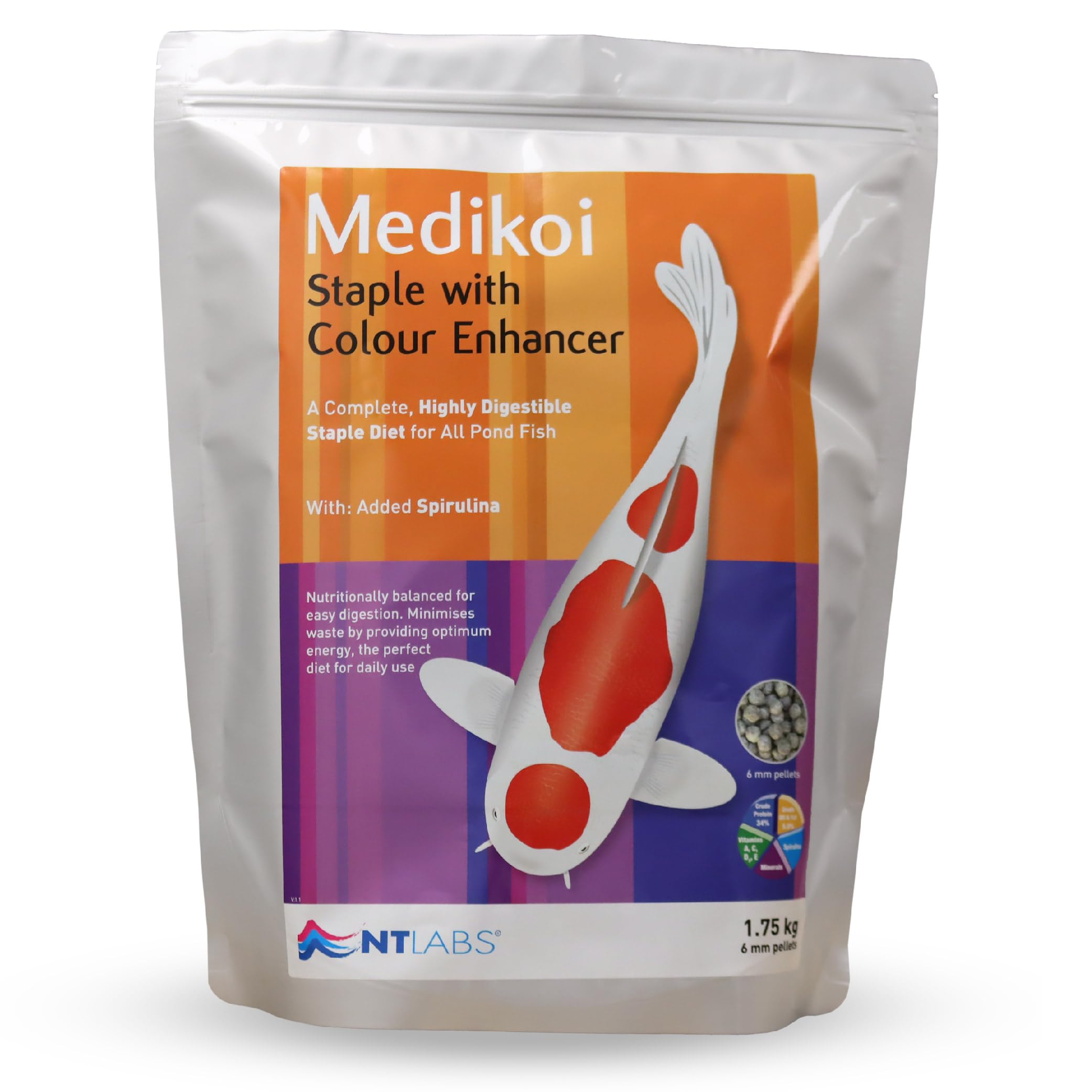 NT Labs Medikoi Staple with Colour Enhancer, Complete Feed For All Pond Fish, Ideal For Spring, Summer and Autumn Feeding, Enhances Colours of Pond Fish, Koi Fish Food (1.75kg)(6mm)