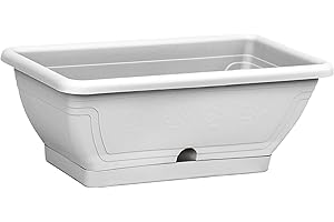 TABOR TOOLS Plastic 15.5 Inch Window Box Planter with Attached Saucer for Indoor and Outdoor Use, Small Rectangular Trough Planter. VEV401A. (Snow White, Flower Emboss)