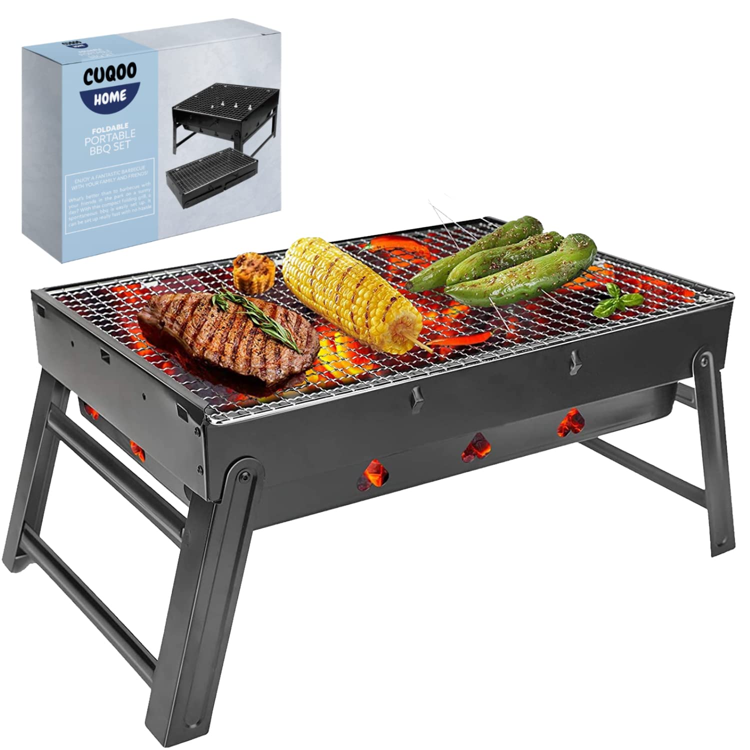 CUQOO Easy-to-use Portable BBQ Grill – Foldable Outdoor Travel BBQ | Charcoal Barbecue Perfect for Camping, Garden, Picnic | Folding Stainless Steel Smoker