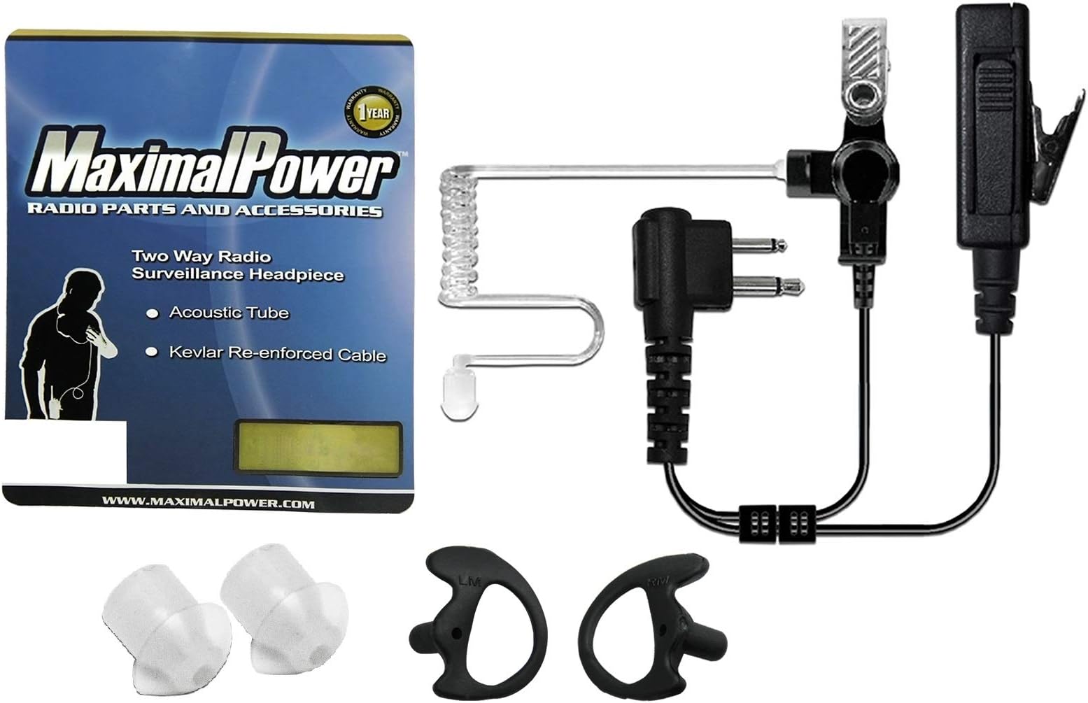MaximalPower Acoustic Earpiece Surveillance w/PTT & Kevlar Enforcement in The Cable Compatible for Motorola CP200 Two Way Radios with Acoustic Tube Earpiece, Black Earmold Pair & Extra Eartip Combo