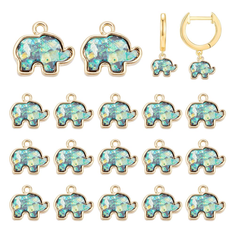 arricraft 20 Pcs Elephant Chrms, Green Opaque Resin Animal Shape Charms with Light Gold Alloy Loops Imitation Shell Elephant Dangle Pendants for Jewelry Necklace Making