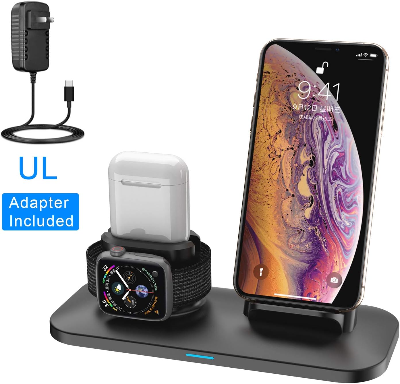 3 in 1 Wireless Charger Station Stand Pad for iPhone X/XS/XR/8/7/6s/Plus,Apple Watch Charger for Apple Watch 4/3/2/1 Airpods Charging Dock Stand for airpods 1 2