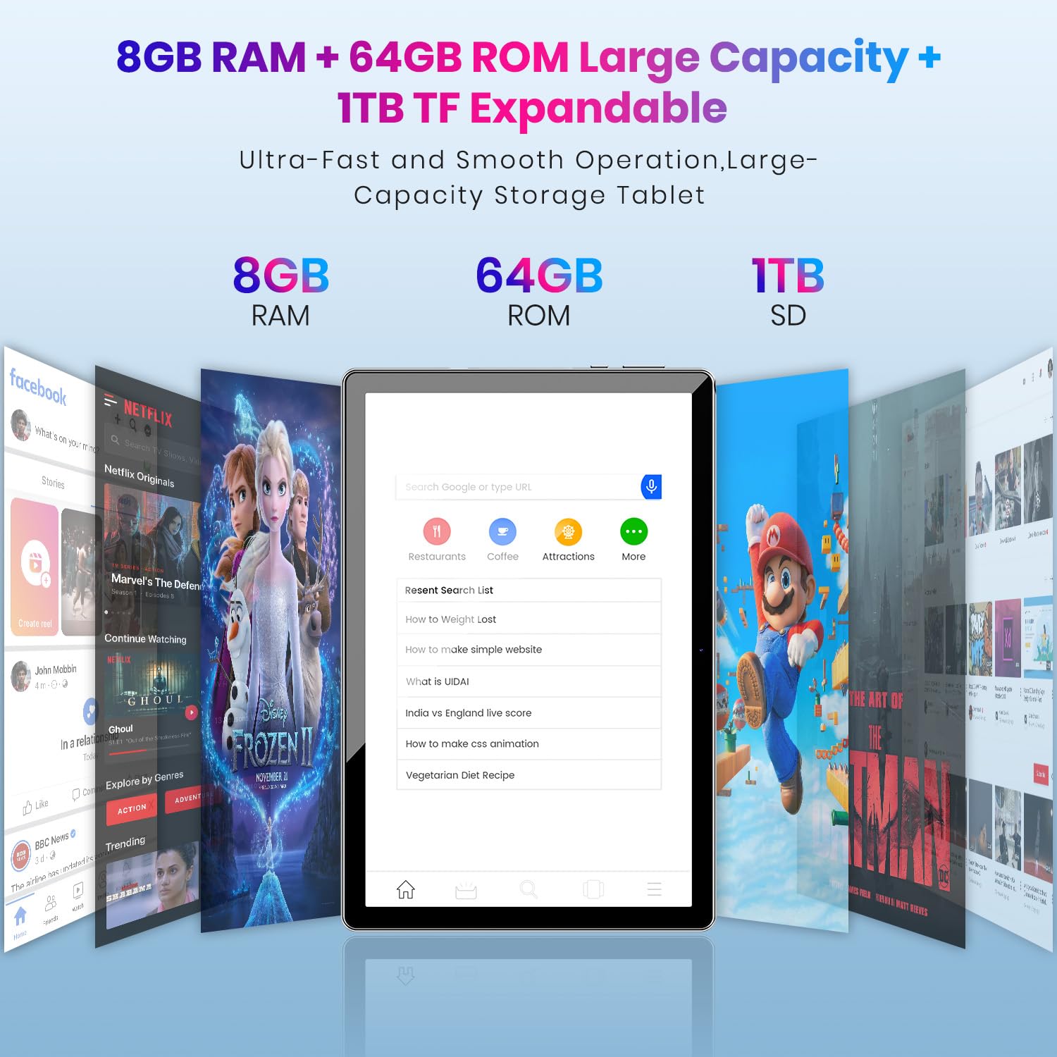 Android 14 Octa-Core 10 inch Tablet, 10GB RAM + 64GB ROM, 1TB Expand, 6000mAh Battery, 2.4G+5G Wi-Fi 6, 2MP+8MP Dual Camera, Bluetooth, 1280x800 FHD IPS Display (Gray)