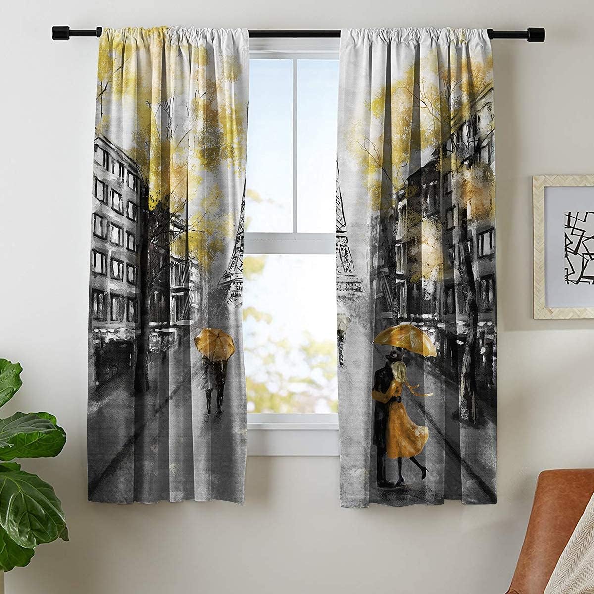Riyidecor Paris Curtain Yellow Gray Rod Pocket Oil Painting Eiffel Tower Home Decor Girls Women Romantic European City Landscape France Fabric Bedroom Living Room Window Drapes 2 Panels 42 x 63 Inch