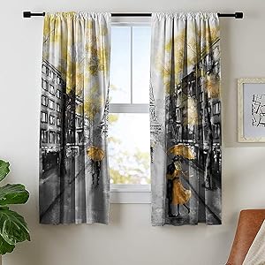 Riyidecor Paris Curtain Yellow Gray Rod Pocket Oil Painting Eiffel Tower Home Decor Girls Women Romantic European City Landscape France Fabric Bedroom Living Room Window Drapes 2 Panels 42 x 63 Inch