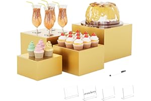 YFEEN Metal Buffet Risers,4PCS Food Risers for Buffet Table 5in to 8in Display Stand with Mini Acrylic Signs for Catering Dessert Collectibles Jewelry Figures Show Gold Cube Boxes Nesting Risers with Hollow Bottoms