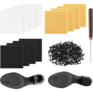 QINVORAXEL Boot Heel Repair Kit, 12 Pcs Square Rubber Heel Caps with 100 Shoe Nails and 1 Punch Awl, Heel Replacement Kit for