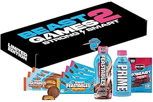 Feastables Beast Games Season 2 Bundle, Mrbeast Snacks Variety Pack With Chocolate Bars and Cups, Protein Milk, Hydration Drink, and Beef Jerky, Gift Basket for Adults and Kids, 10 Count Snack Box