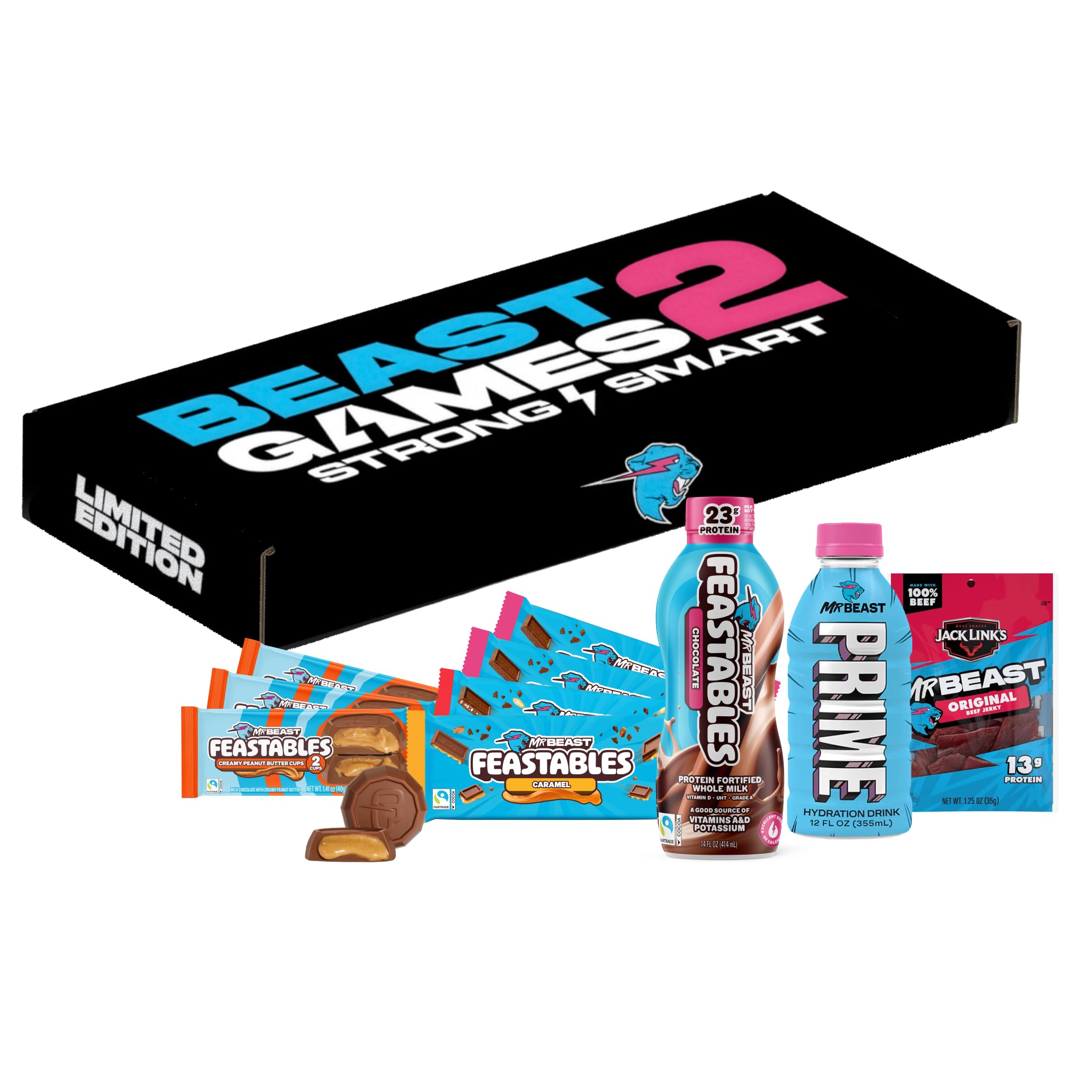 Photo 1 of *****exp 08/2026*****Feastables Beast Games Season 2 Snack Bundle, 10 Count, MrBeast Chocolate Bars & Cups, Protein Milk, Hydration Drink & Beef Jerky