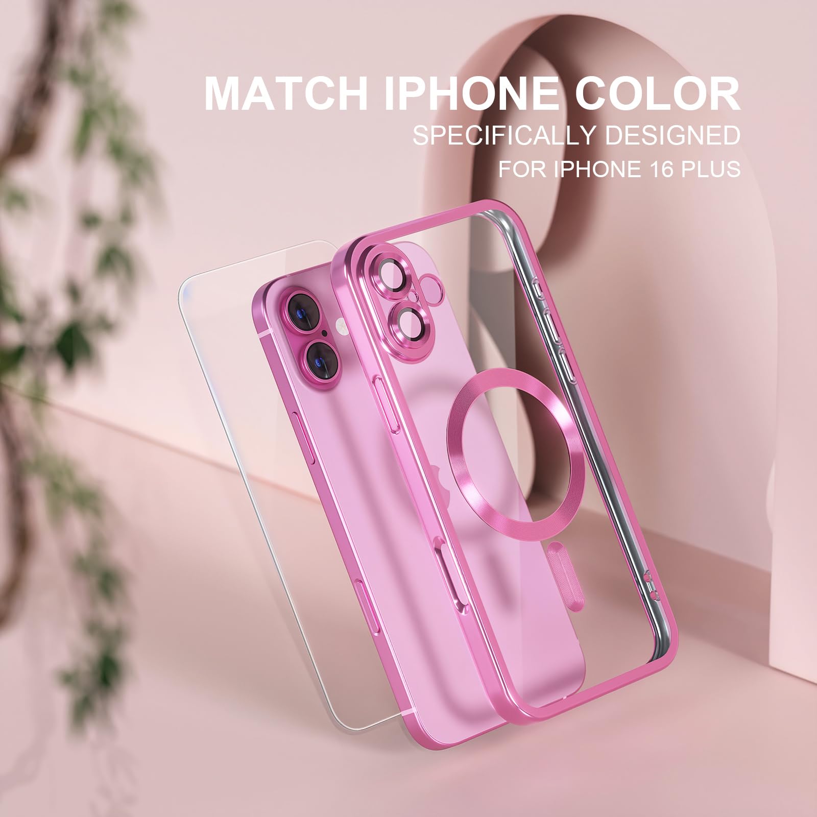 Misea Magnetic iPhone 16 Plus Case with MagSafe, Never Yellowing | Military Grade Drop Protection | Full Camera Lens Protector | Plating Soft Clear Phone Case | for Women Girls | 6.7 inch | Hot Pink