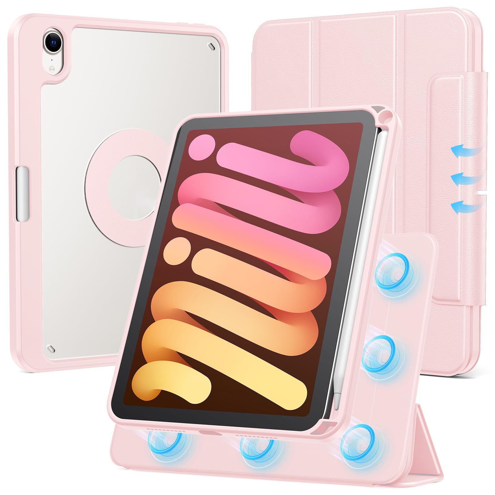 Photo 1 of SPARIN Case for iPad mini 7 A17 Pro 2024/iPad Mini 6 2021 8.3 Inch, Detachable Magnetic Cover, Portrait/Landscape Stand with Pencil Holder, Support Auto Wake/Sleep (Pink)