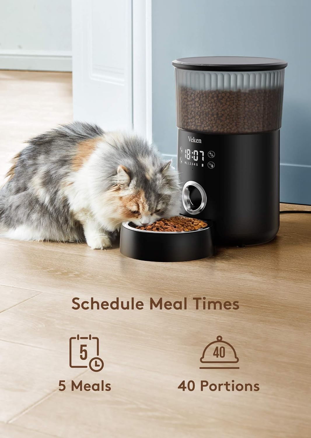 Veken Automatic Cat Feeder, 135oz/4L Dog Feeder Pet Food Dispenser with Programmable Timer, Portion Control 1-5 Meals Per Day, Dual Power Supply & Voice Recorder for Small to Medium Cats Dogs (Black) : Pet Supplies