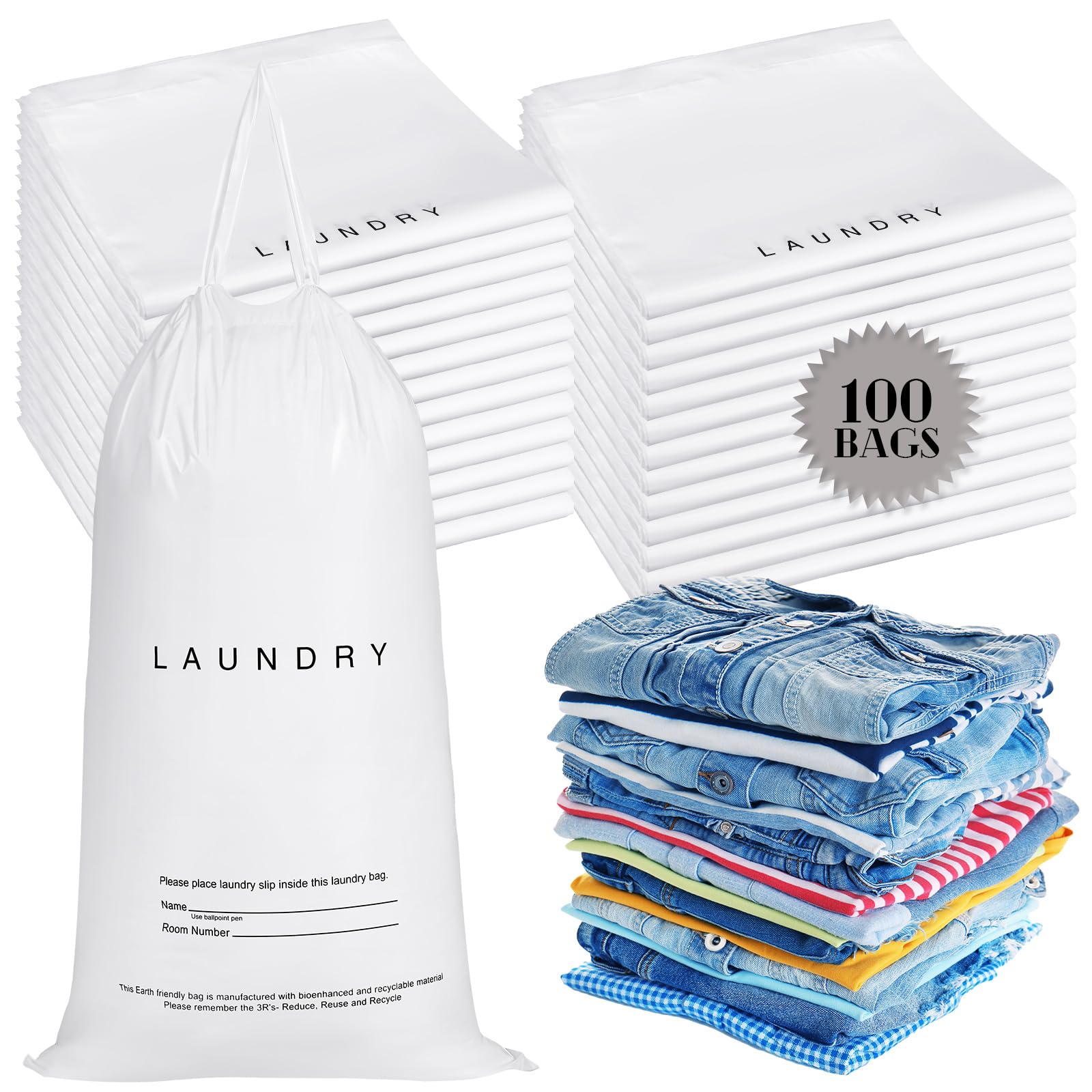 Photo 1 of Wowangce 100 Pack Hotel Laundry Bags Bulk 1.38 Mil 14" x 24" Laundry Plastic with Drawstring Closure Writing Strips Patient Personal Belongings Dirty Clothes Bag for Factory Travel Hospital
