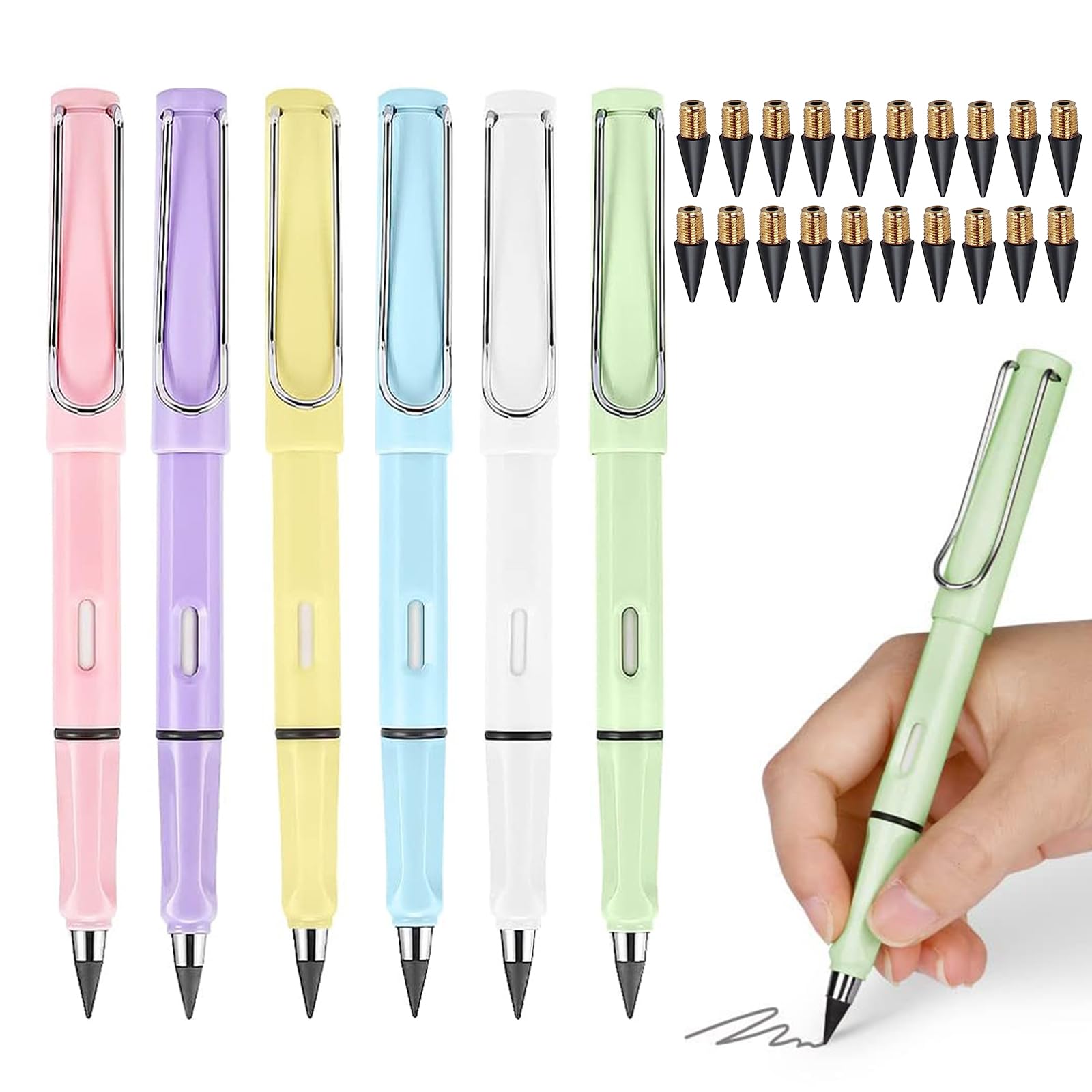 EnixwH Eternal Pencil, Pack of 6 Inkless Pencils with 20 Interchangeable Heads, Infinite Pencil, Inkless Pencils without Sharpening, Magic Pencil, Clear and Liquid Writing, Macaroons